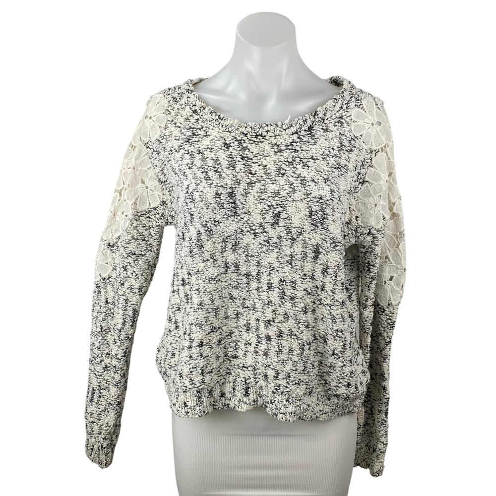 Paper Women's Black White Floral Lace Trim Long Sleeve Sweatshirt Sweater Top M